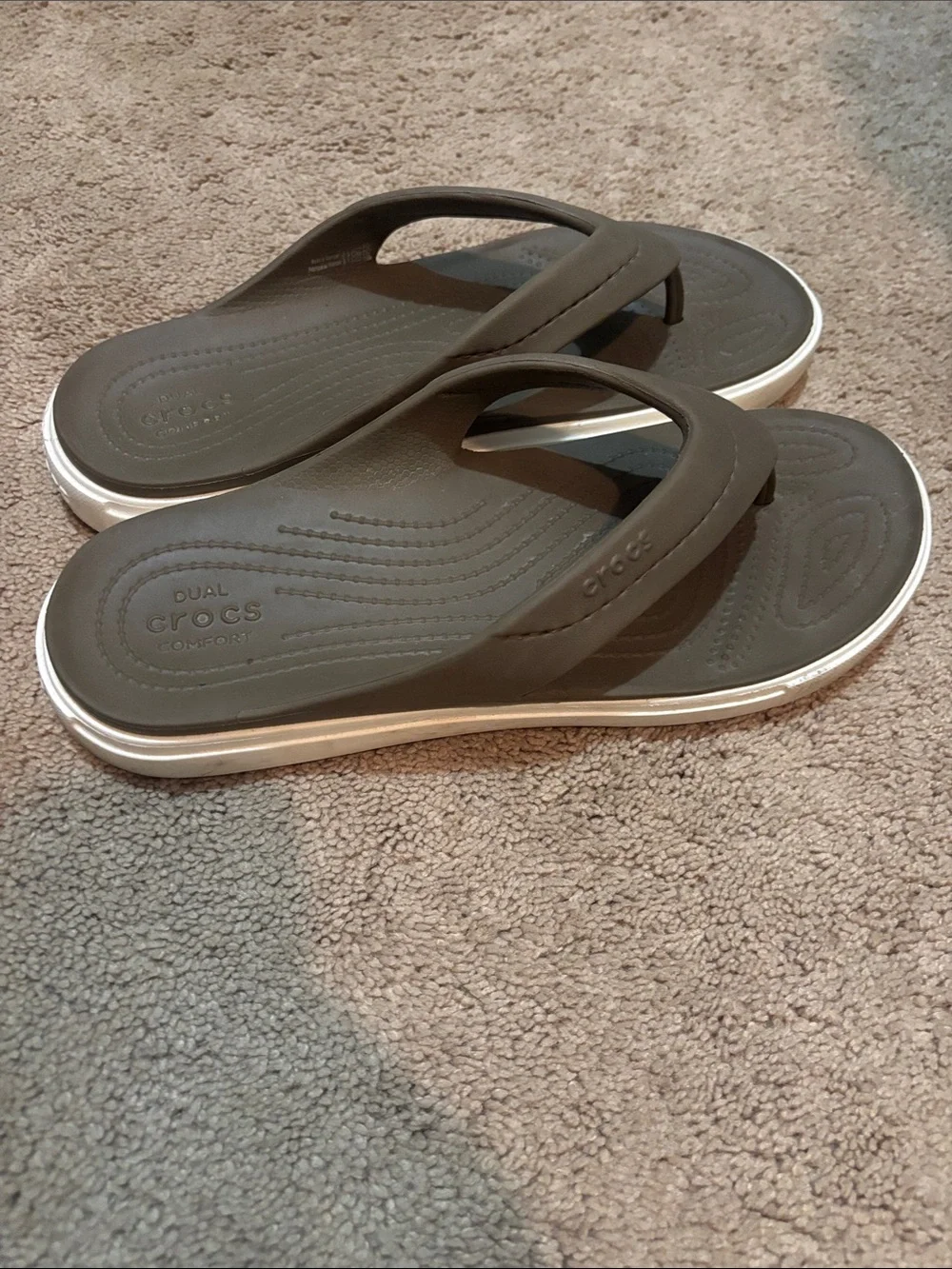 CROCS Mens Brown Flip Flop Sandals with White Trim